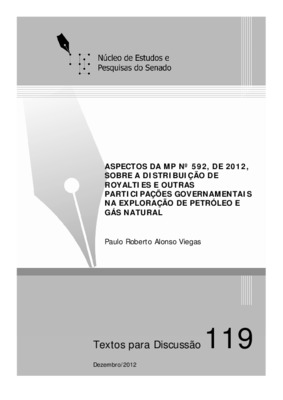 <BR>Data: 12/2012<BR>Conteúdo: Introdução -- As regras de distribuição de royalties de acordo com a lei n. 9.478, de 1997, e com a lei n. 12.351, de 2010 -- Breve histórico da recente mudança no marco legal da exploração de petróleo e gás natural no Brasi