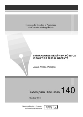 <BR>Data: 10/2013<BR>Conteúdo: Introdução -- Dívida fiscal líquida -- Dívida bruta -- Conclusões<BR>Responsabilidade: Josué Alfredo Pellegrini<BR>Endereço para citar este documento: -www2.senado.gov.br/bdsf/item/id/502902->www2.senado.go