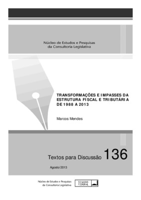 <BR>Data: 08/2013<BR>Conteúdo: Introdução -- Mudanças fiscais da CF 1988 -- Ampliação das despesas e desequilíbrio fiscal -- Problemas do financiamento de Estados e municípios via transferências -- O desequilíbrio fiscal e a recuperação da participação da