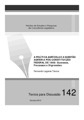 <BR>Data: 10/2013<BR>Conteúdo: Introdução -- Panorama do setor agropecuário brasileiro -- Não judicialização da política agrícola -- A questão agrária no Brasil -- Judicialização da questão agrária -- Questões ainda em debate -- Conclusões e comentários f