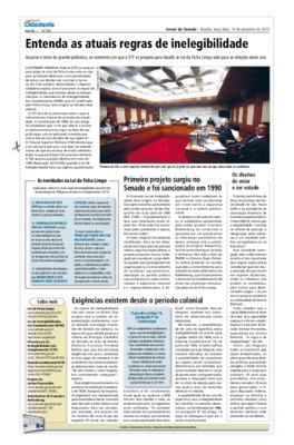 <BR>Data: 14/09/2010<BR>Fonte: Jornal do Senado, v. 8, n. 320, 14 set. 2010. Especial Cidadania<BR>Endereço para citar este documento: -www2.senado.leg.br/bdsf/item/id/189808->www2.senado.leg.br/bdsf/item/id/189808