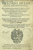 ABREU, Aleixo de, 1568-1630<br/>Tratado de las Siete Enfermedades : De la inflammacion vniuersal del Higado, Zirbo, Pyloron, y Riñones, y de la obstrucion, de la Satiriasi, de la Terciana y febre maligna, y passion Hipocondriaca : Lleua otros tres Tratados, del mal de Loanda, del Guzano, y de las Fuentes y Sedales... / Autor el Licenciado Alexo de Abreu, Medico.... - En Lisboa : por Pedro Craesbeeck, Impressor del Rey : a costa del Autor : vendese en casa de [...], 1623, huic operi finem imposui, septimo idus Septembris, anno 1622). - [24], 228 f. ; 4º (20 cm)