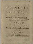 BACH, Johann Christian, 1735-1782<br/>Six concerti : pour le clavecin, deux violons & une violoncelle très humblement dediés a sa Majeste Charlotte Reine de la Grande Bretagne &c. &c .&c. / Composés par Jean Bach. - London : Welcker, [entre 1762 e 1778]. - Parte de piano ([II], 33 p.) ; 34 cm