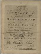 BACH, Johann Christian, 1735-1782<br/>A second sett of six concerts : for the harpsichord or piano forte with accompanyments for two violins & a violoncello humbly dedicated to her majesty Charlotta Queen of Great Britain &c. &c.&c. / by John Christian Bach. - London : Welcher, [entre 1762 e 1778]. - Parte de piano ([II], 39 p. ) ; 34 cm