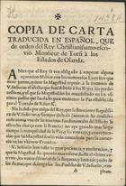 Copia de carta traducida en español, que de orden del Rey Christianissimo escrivio Monsieur de Torfi a los estados de Olanda. - En Madrid : por Antonio Bizarrón, [168-]. - [4] p. ; 21 cm