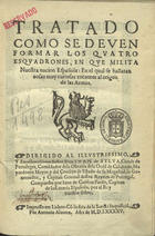 CARRION PARDO, Juan de, fl. 15--<br/>Tratado como se deuen formar los quatro esquadrones en que milita nuestra nacion española : en el qual se hallaran cosas muy curiosas tocantes al origen delas armas... / compuesto por Iuan de Carrion Pardo.... - Impresso em Lisboa : por Antonio Aluarez, 1595. - [1 br., 4], 44, [4] f. : il. ; 4º (20 cm)