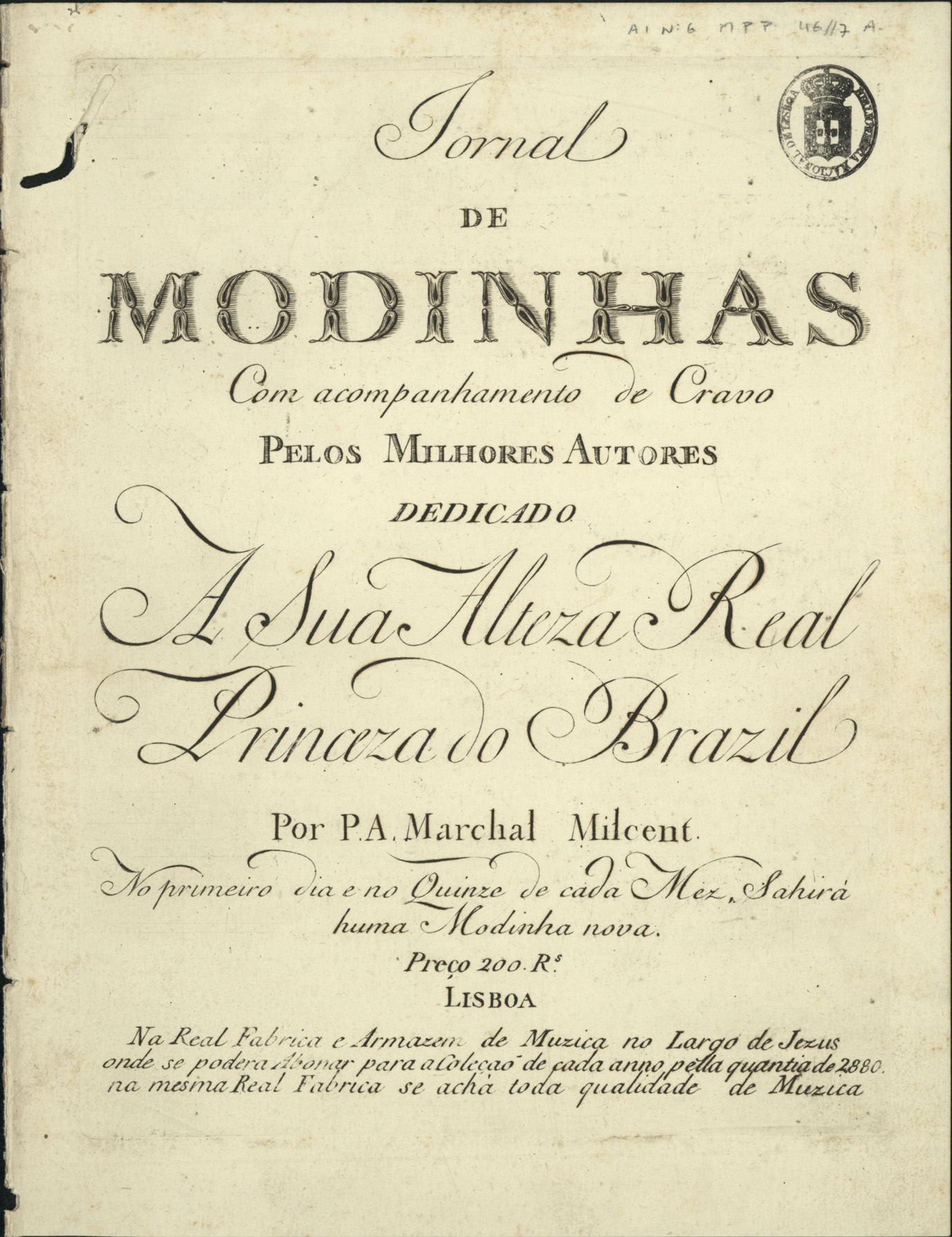 PORTUGAL, Marcos, 1762-1830<br/>Duetto / del Signor Marcos Antonio. - Lisboa : P. A. Marchal e Milcent, [1792]. - Partitura (3 p.) ; 32 cm. - (Jornal de modinhas ; Ano I, Nº 7)