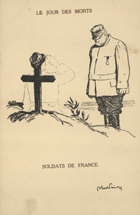 FAIVRE, Abel, 1867-1945<br/>Le jour des morts : soldats de France / Abel Faivre. - Paris : P. J. Gallais et Cie, [1914-18]. - 1 postal : p&b ; 14x9 cm