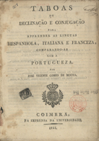 MOURA, José Vicente Gomes de, 1769-1854<br/>Taboas de declinação e conjugação para apprender as linguas espanholas, italianas e franceza, comparando-as com a portugueza / por José Vicente Gomes de Moura. - Coimbra : Na Imprensa da Universidade, 1821. - 96 p. ; 20 cm