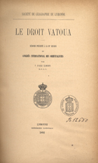 CLEMENTE, F. de Assis<br/>Le droit vatoua / F. dªAssis Clemente. - Lisbonne : Impr. Nationale, 1982. - 14 p. ; 25 cm