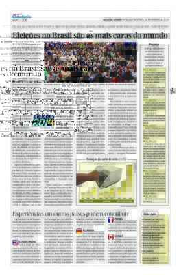 <BR>Data: 16/09/2014<BR>Fonte: Jornal do Senado, v. 12, n. 485, 16 set. 2014. Especial Cidadania.<BR>Conteúdo: Projetos -- Evolução do custo de voto (em R$) -- Experiências em outros países podem contribuir<BR>Endereço para citar este documento: -http