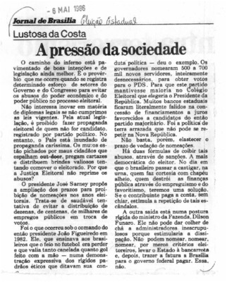 <BR>Data: 06/05/1986<BR>Fonte: Jornal de Brasília, 6 mai. 1986<BR>Endereço para citar este documento: -www2.senado.leg.br/bdsf/item/id/496685->www2.senado.leg.br/bdsf/item/id/496685