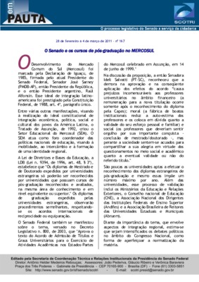 <BR>Data: 28/02/2011<BR>Fonte: Em Pauta : O processo legislativo do Senado a serviço da cidadania, n. 167, 28 fev./4 março 2011.<BR>Endereço para citar este documento: -www2.senado.leg.br/bdsf/item/id/196656->www2.senado.leg.br/bdsf/item