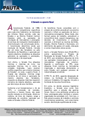 <BR>Data: 14/11/2011<BR>Fonte: Em Pauta : O processo legislativo do Senado a serviço da cidadania, n. 201, 14 nov./ 18 nov. 2011.<BR>Endereço para citar este documento: -www2.senado.leg.br/bdsf/item/id/226187->www2.senado.leg.br/bdsf/ite