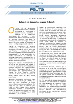 <BR>Data: 07/04/2008<BR>Fonte: Em Pauta : O processo legislativo do Senado a serviço da cidadania, n.40, 07 a 11 abr. 2008<BR>Endereço para citar este documento: ->www2.senado.leg.br/bdsf/item/id/94742